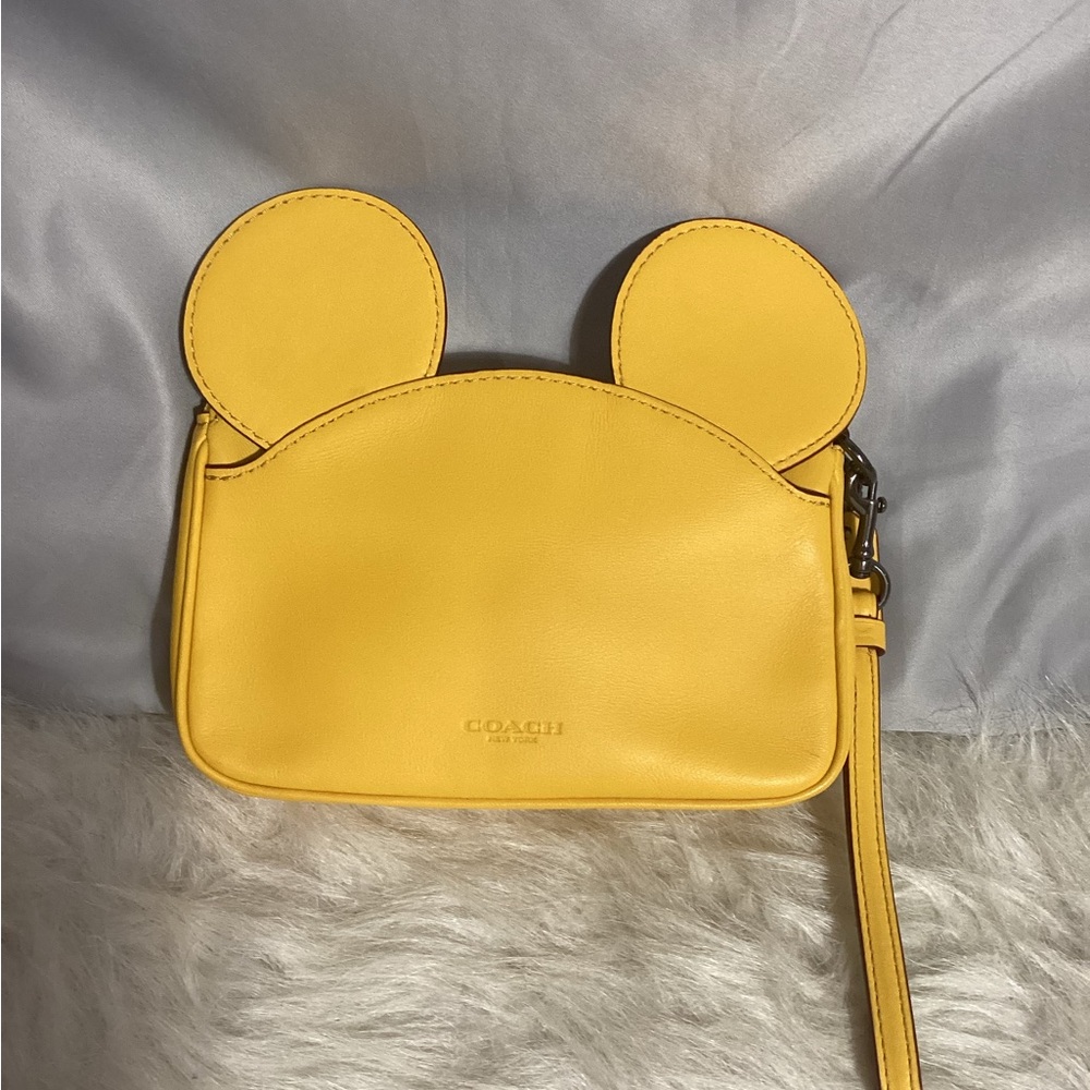 Coach X Disney Mickey Mouse Ears Yellow Leather Wristlet With Strap Clutch Bag - Picture 2 of 10